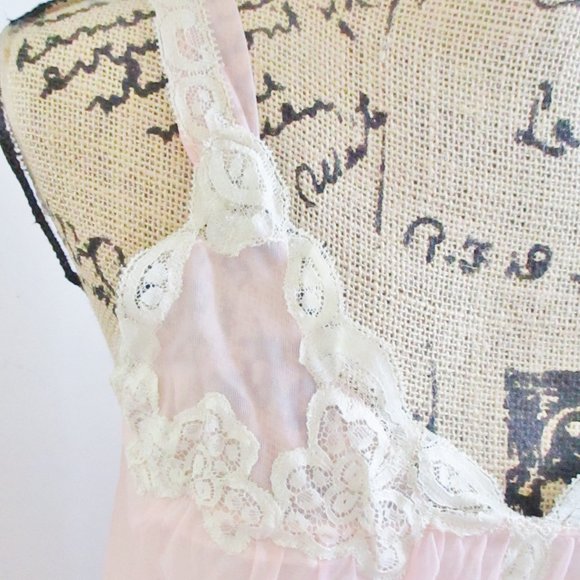 Vintage Kayser Women's Chiffon Short Negligee Nightgown, Peach, Cream Lace, P - Picture 4 of 12